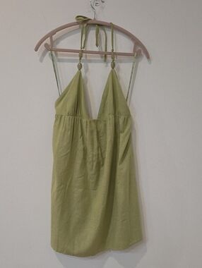 Japna Linen Blend Halter Neck Light Olive Green Summer Dress Beaded Straps LG
